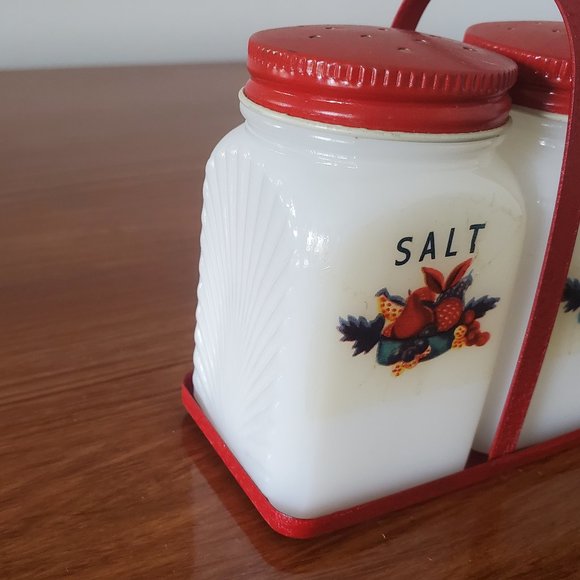 Vintage Milk Glass Salt & Pepper Shakers with Tray - Picture 3 of 9